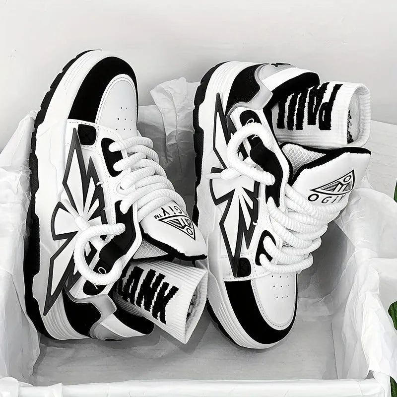 Men's white chunky sneakers with a cartoon totem pattern, thick rubber sole, and lace-up closure.
