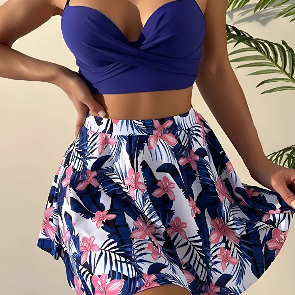 Women's high-waisted bikini swimsuit three-piece set in polyester fabric covering belly area