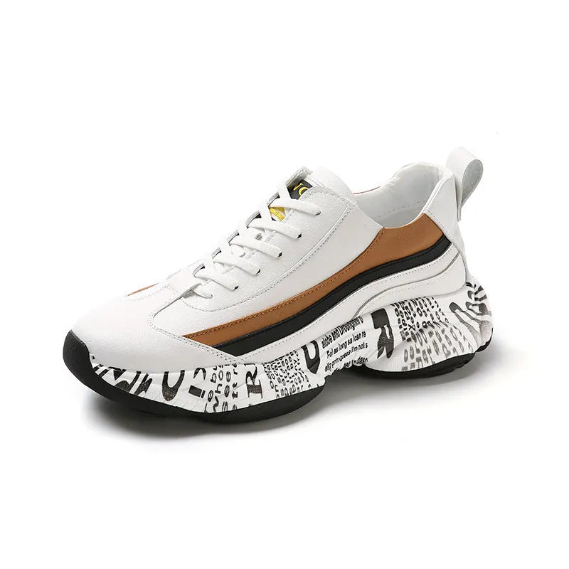 Men's thick sole casual inner heightening breathable sneakers in black microfiber leather