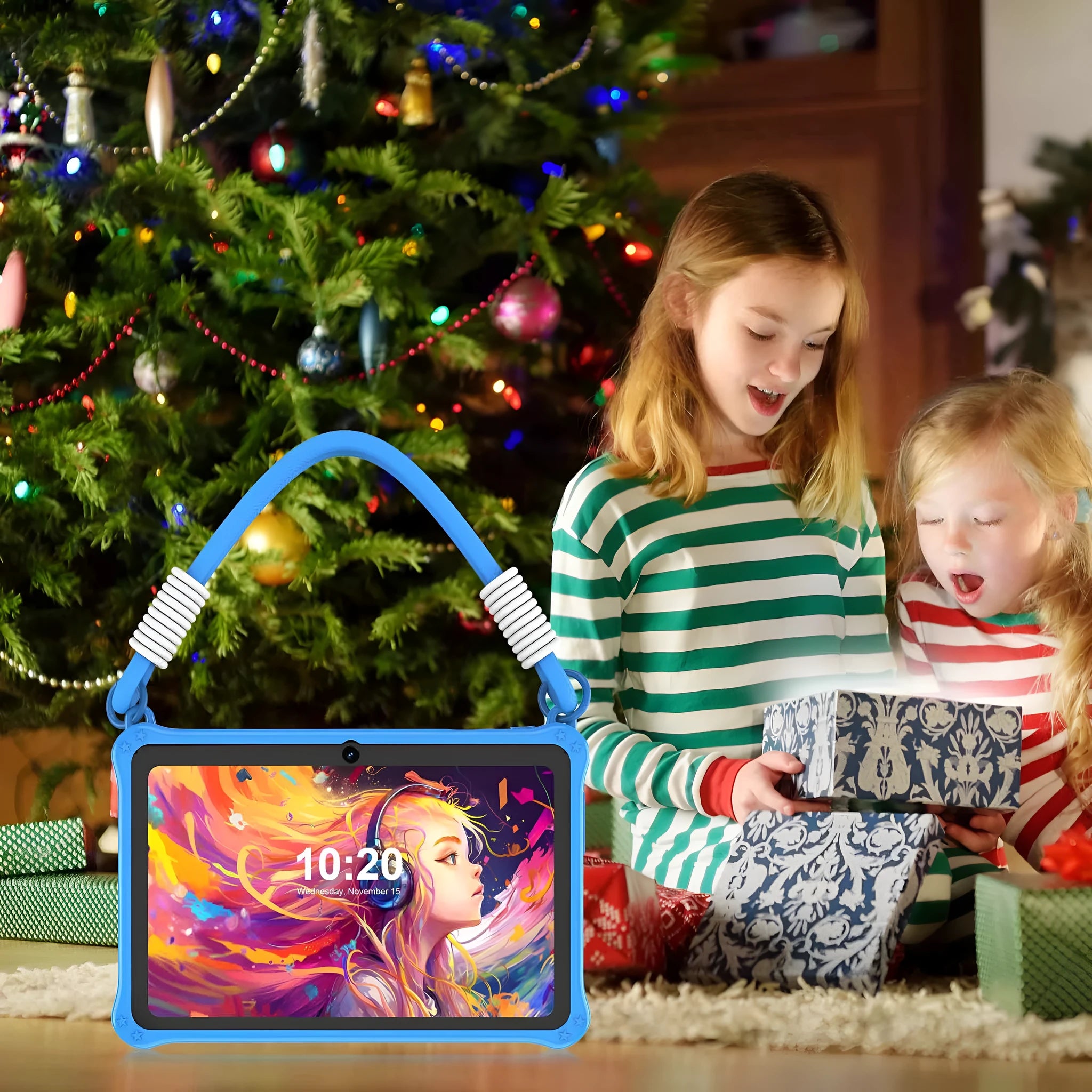 Sapphire blue silicone protective case for a 7-inch children's device with a flat strap, shown with included screen film and cable.