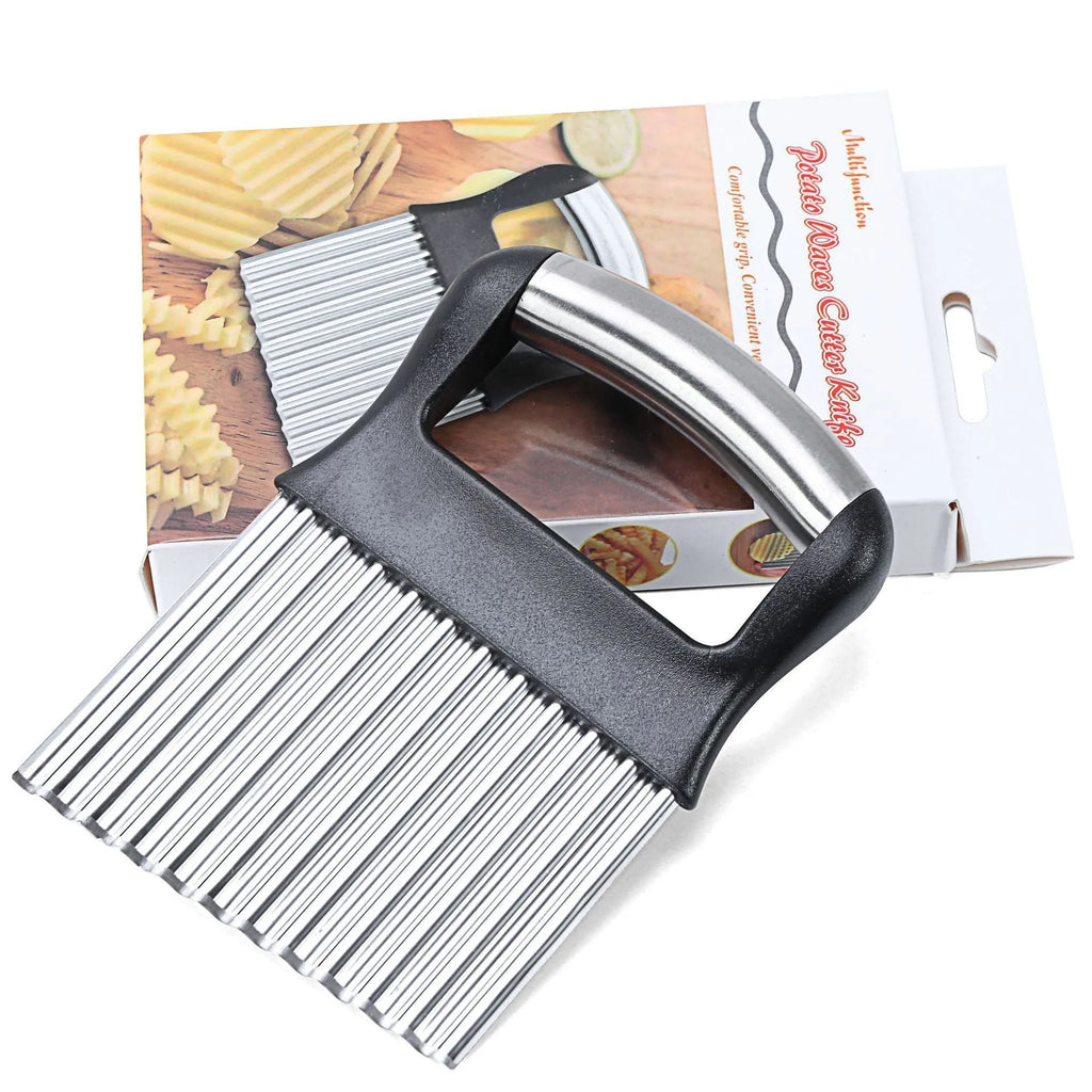 Stainless steel potato wave cutter knife on a kitchen counter, shown in black and white colour options.