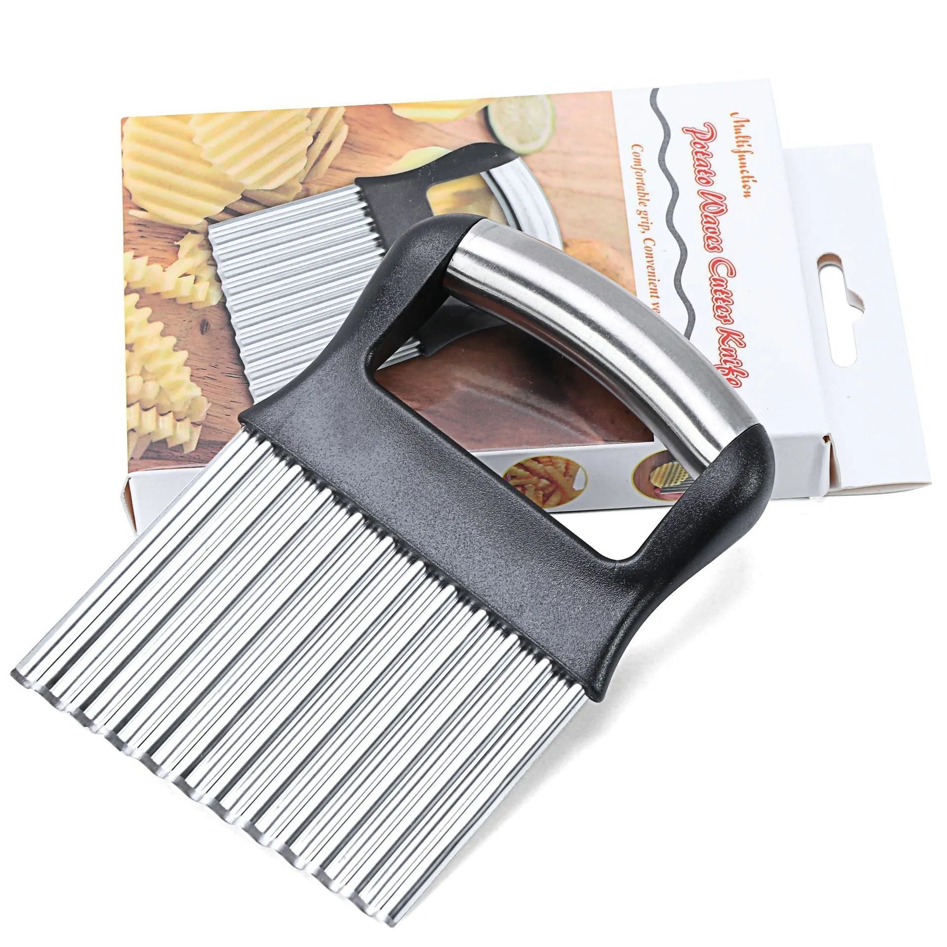 Stainless steel potato wave cutter knife on a kitchen counter, shown in black and white colour options.
