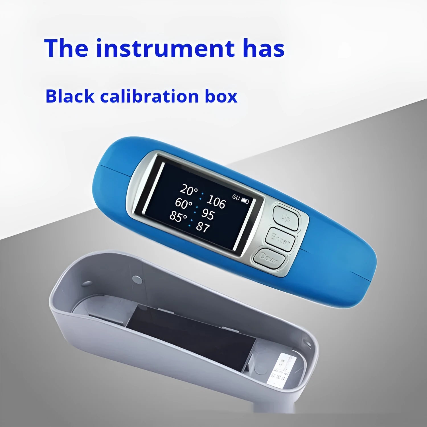 Ceramic and stone portable glossiness tester device showing measurement angles and microporous aperture options.