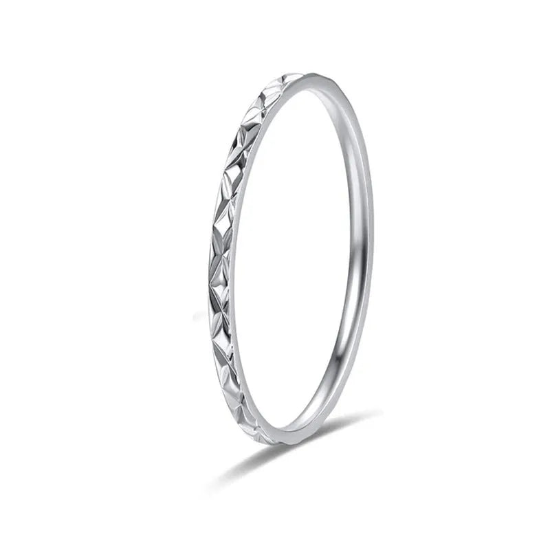 Korean style titanium steel simple couple ring with diamond plaid geometric design in silver finish