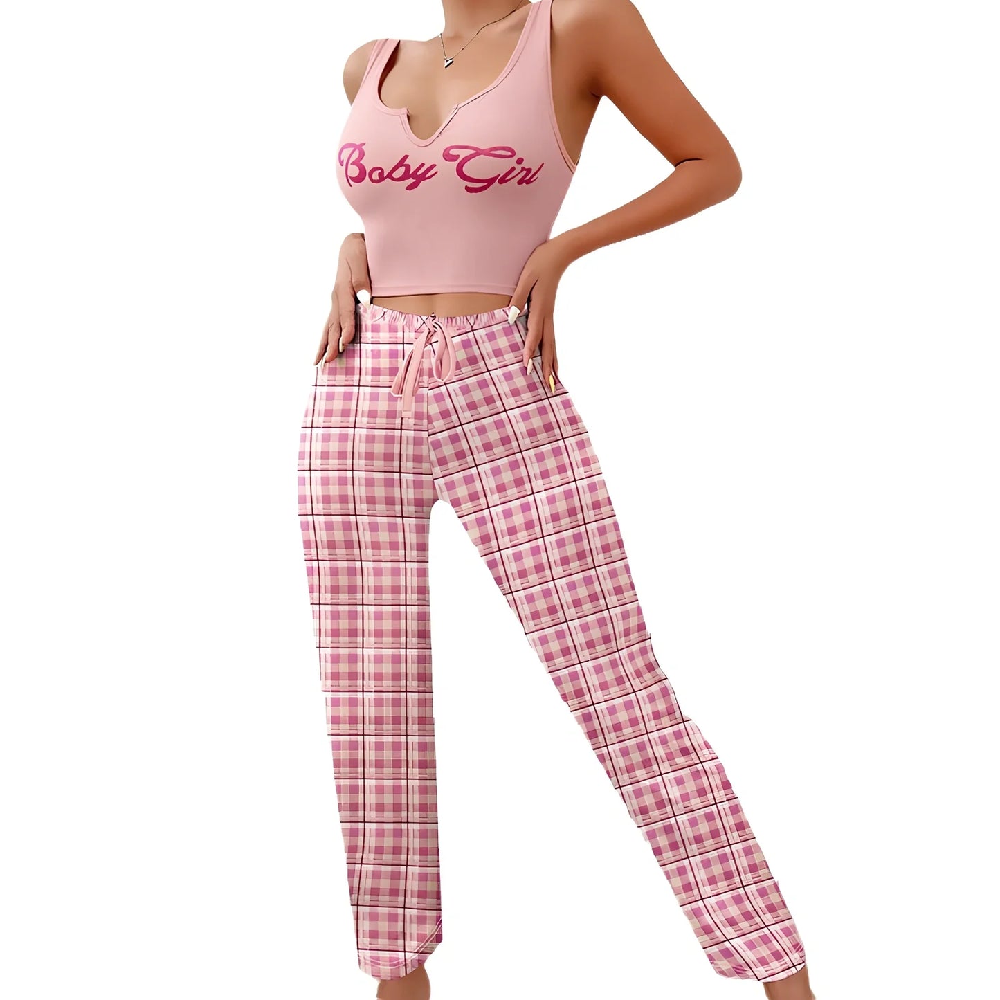 Women's plaid pyjama set with sleeveless letter print top and coordinating trousers for versatile homewear