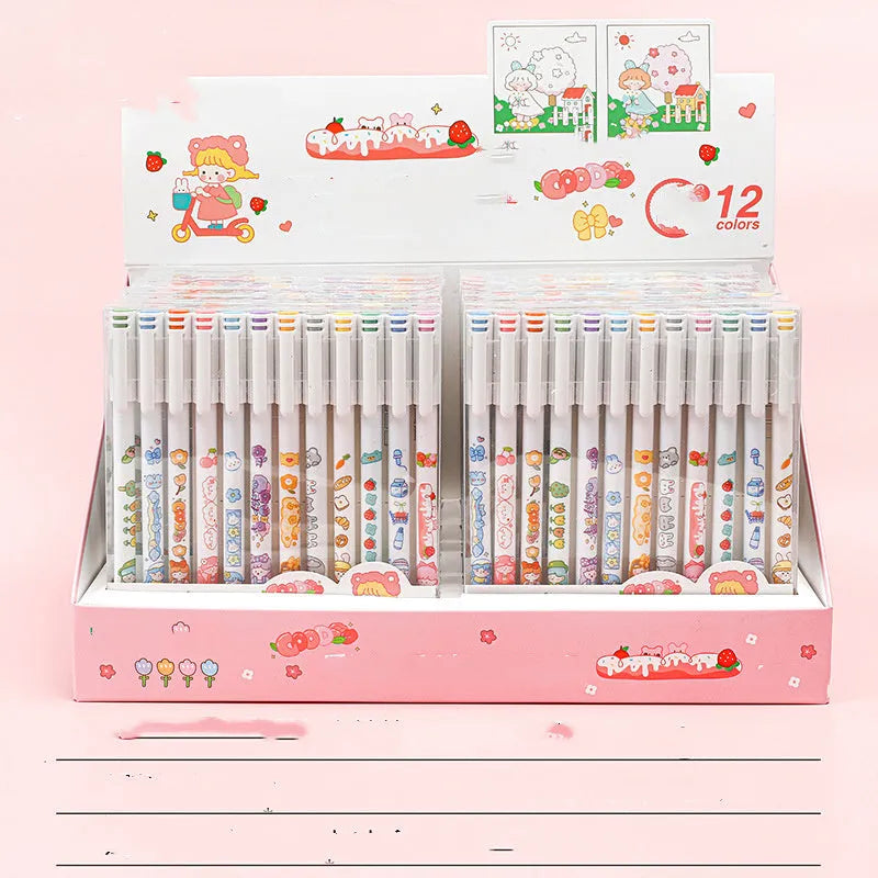 Twelve 0.5mm gel pens in assorted colours in a plastic case for journal and accounting use