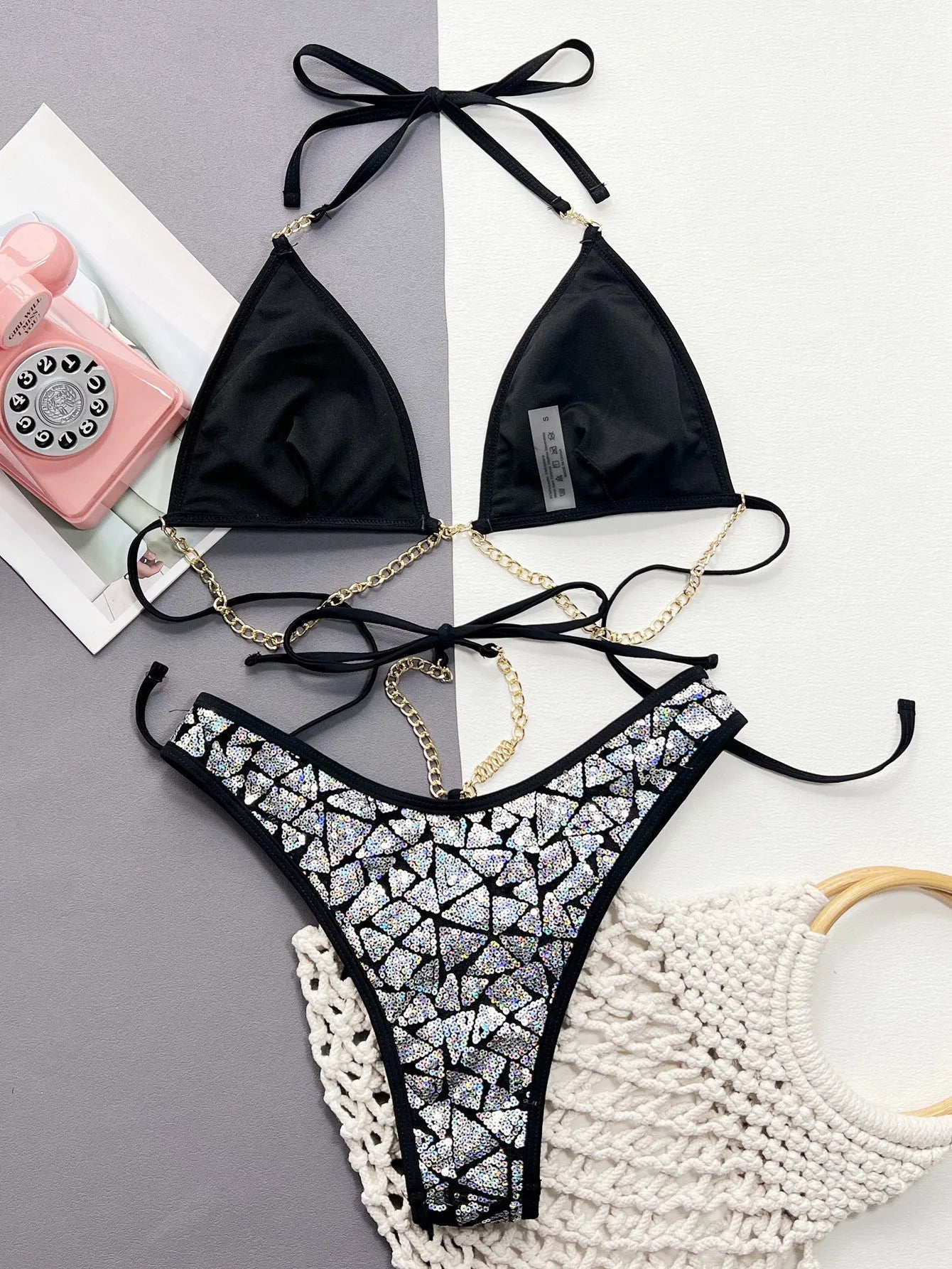 Women's silver black flash iron chain bikini suit with briefs bottom