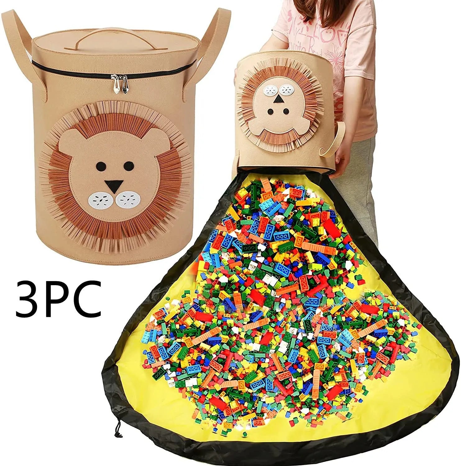 Green felt cube storage bag with pull rope, laid flat as a play mat and gathered into a bag.