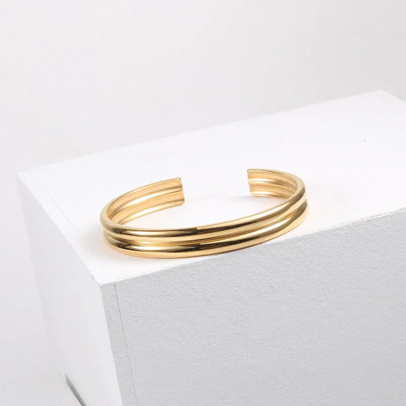 Gold double curved titanium steel bracelet with inlaid pearls geometric women's accessory
