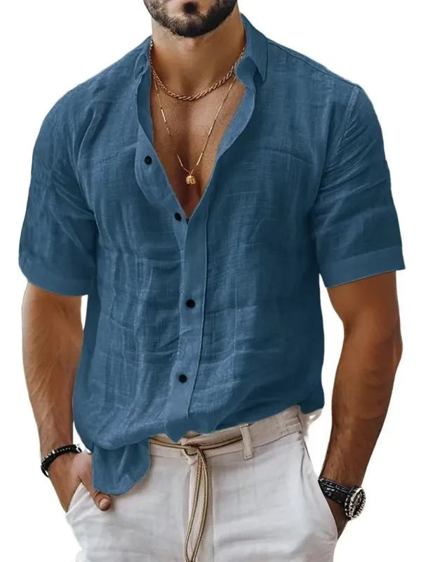 Men's solid colour short sleeve lapel shirt in a cotton linen blend fabric on a hanger.