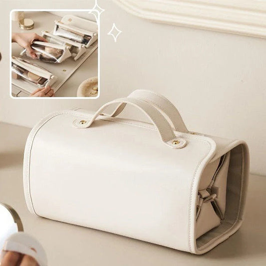 A stylish, foldable cosmetic bag made of premium PU material with a roomy, waterproof interior and various compartments for organizing beauty essentials.