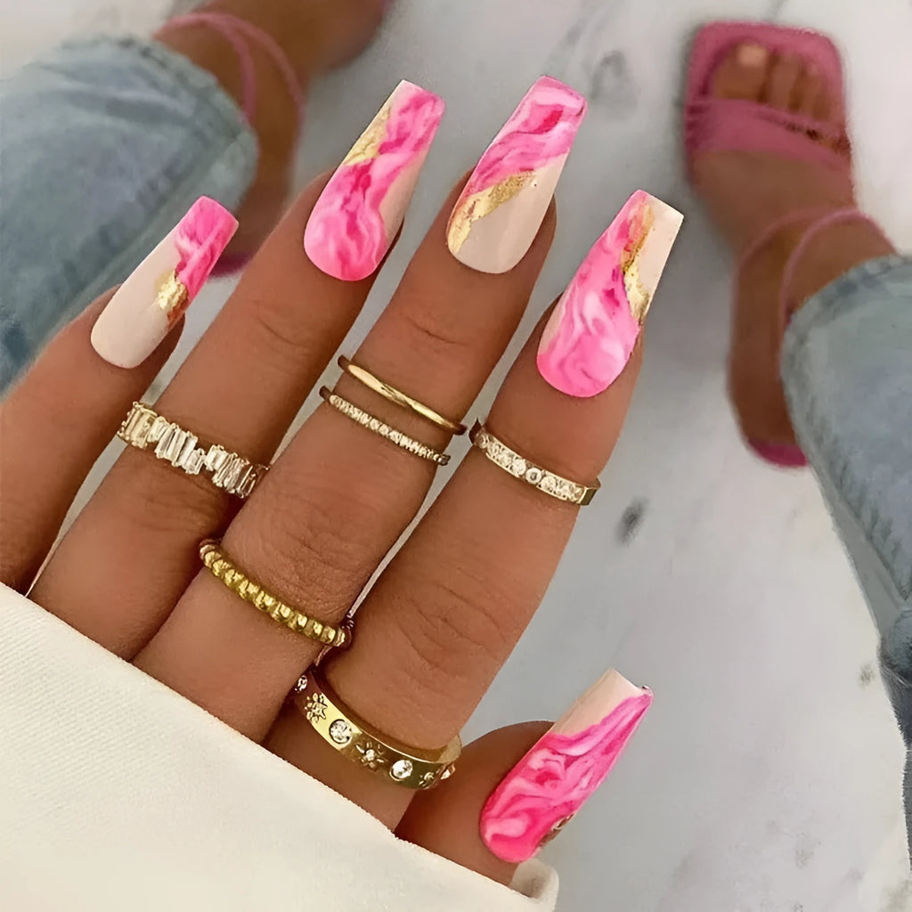 One Second Wearable Manicure false nails set with 24 pieces showing rose, tulip, leopard print, and XINGX patterns