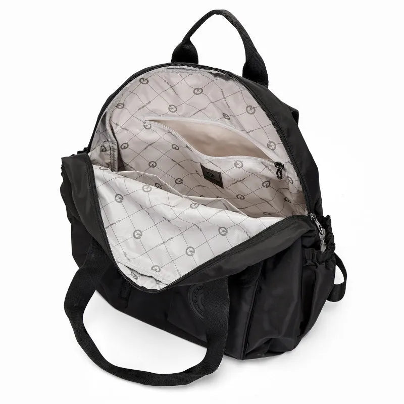 Large lightweight nylon backpack in khaki colour showing front sandwich pockets.