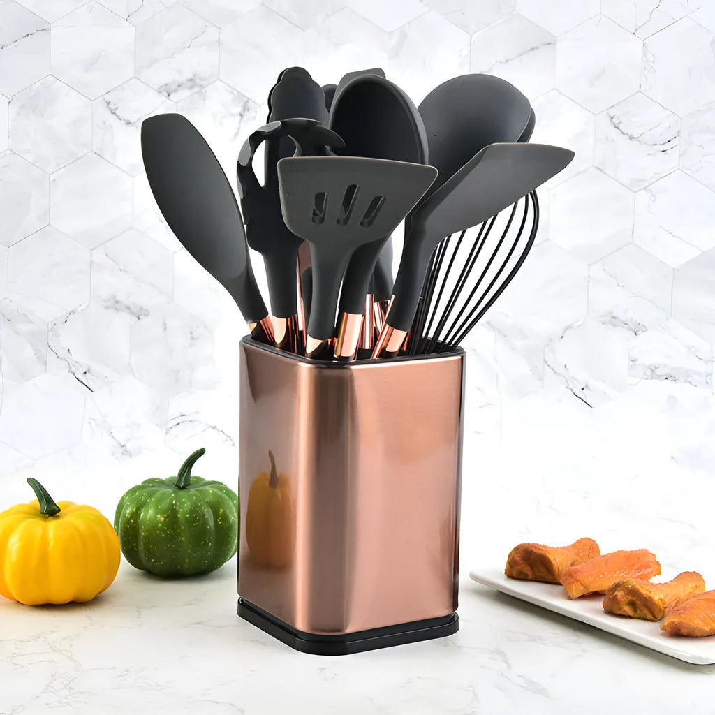 13-piece silicone kitchenware set in dark grey with storage bucket on kitchen countertop