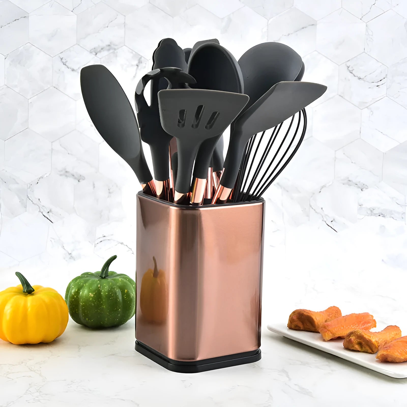 13-piece silicone kitchenware set in dark grey with storage bucket on kitchen countertop