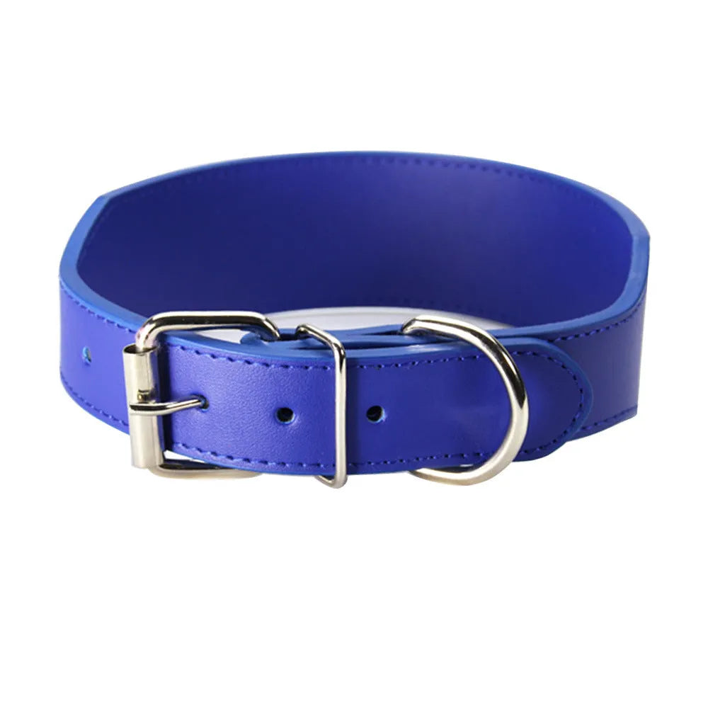 Fish-shaped leather dog collar for large dogs in red, blue, black, pink, or brown.