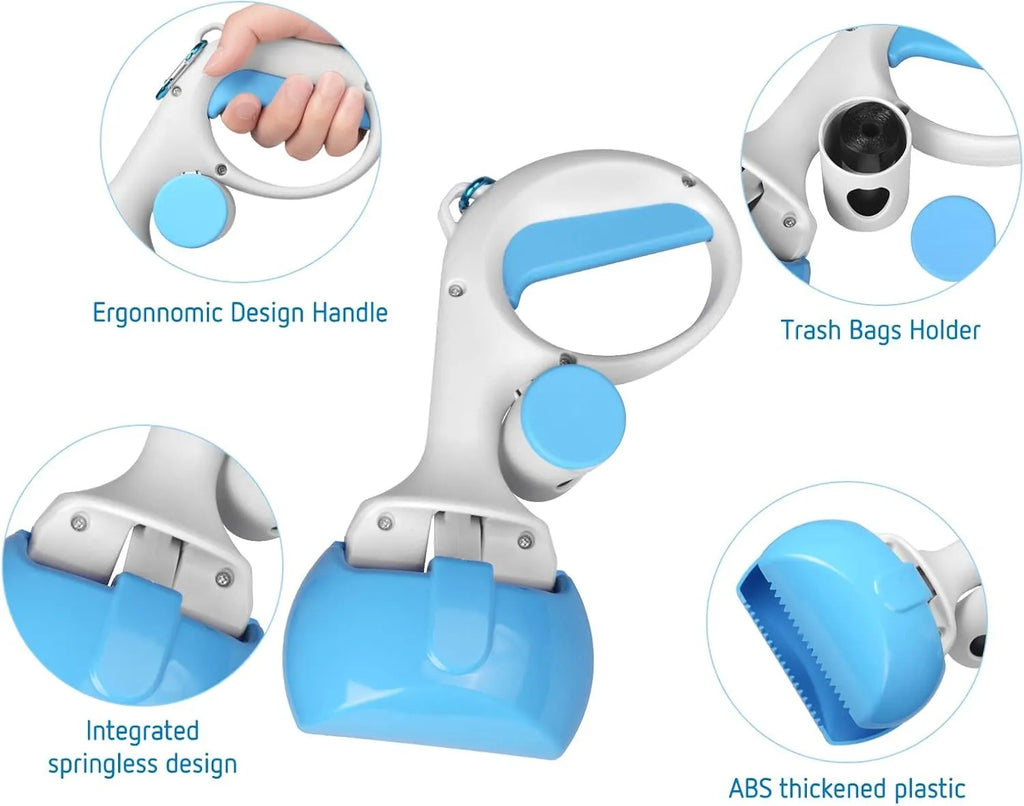 ABS plastic pet pooper scooper with integrated trash bag holder in blue colour