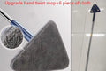 Blue and white extendable triangle cleaning mop with rotating head on a stainless steel pole.