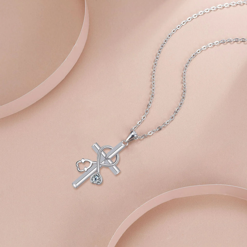 Women's copper necklace with stethoscope pendant and cross chain design
