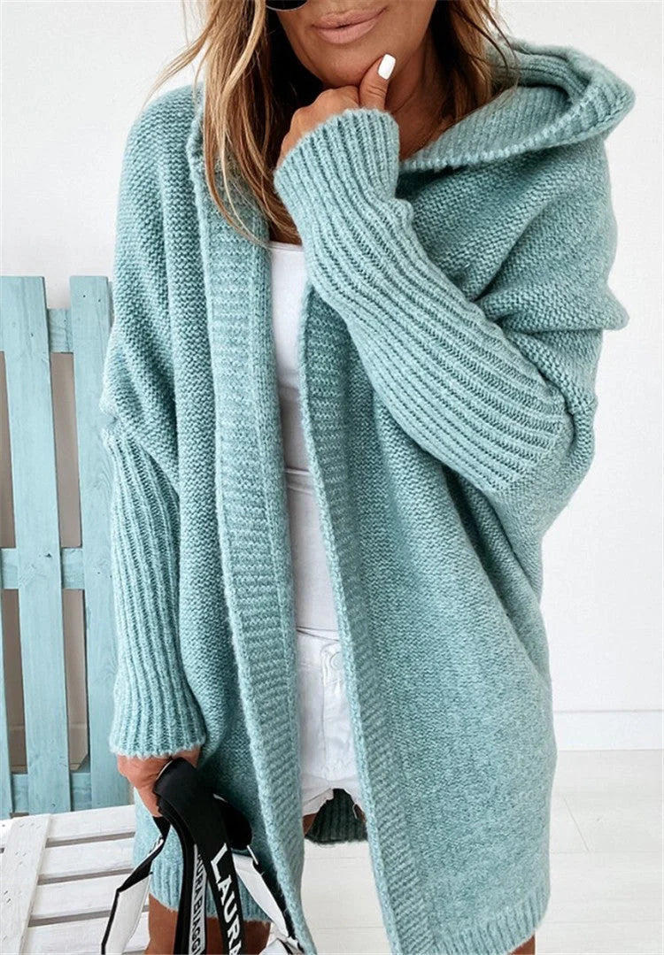 Oversized bat sleeve hooded cardigan in sheep wool blend, available in multiple colours