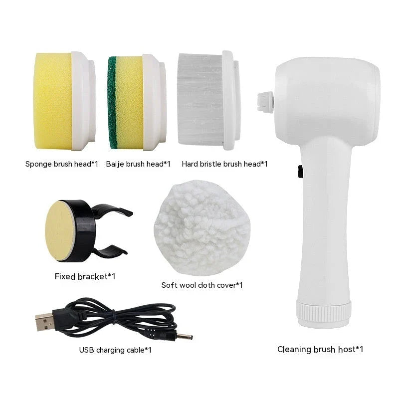 Rechargeable Electric Spin Scrub Brush with 4 interchangeable brush heads for efficient cleaning of tiles, porcelain, stainless steel, and more