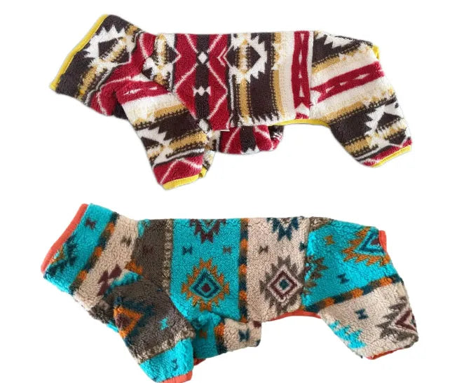 Thick four-legged dog clothing in red with diamond pattern, for autumn winter use
