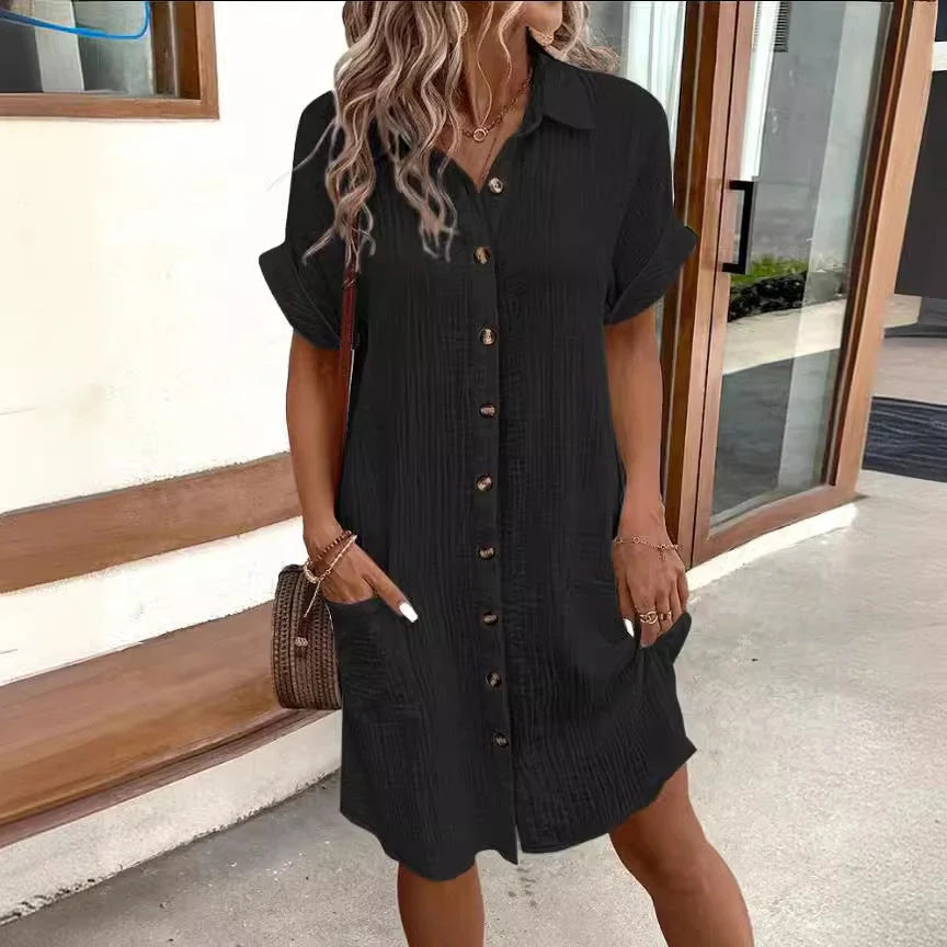Summer short sleeve shirt dress in various colours, showcasing loose fit and mid-length design