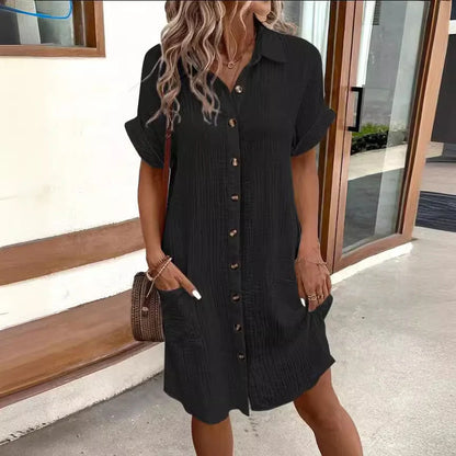 Summer short sleeve shirt dress in various colours, showcasing loose fit and mid-length design