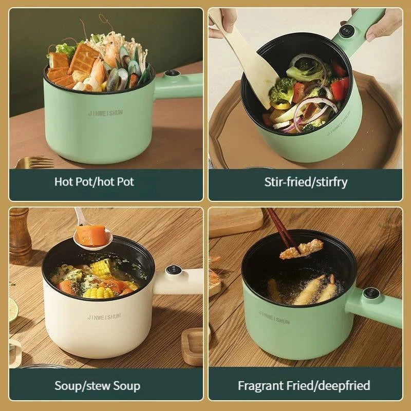 Compact electric hot pot with stainless steel construction, nonstick interior, and versatile cooking functions