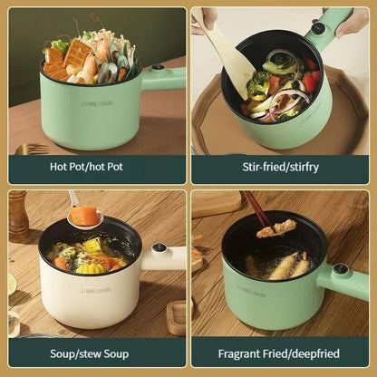 Compact electric hot pot with stainless steel construction, nonstick interior, and versatile cooking functions