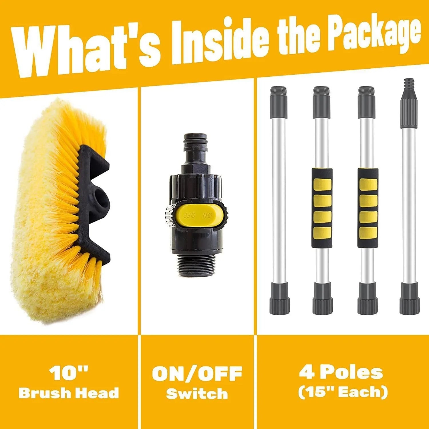Portable yellow car wash brush with four-section extendable rod and flow-through brush head.