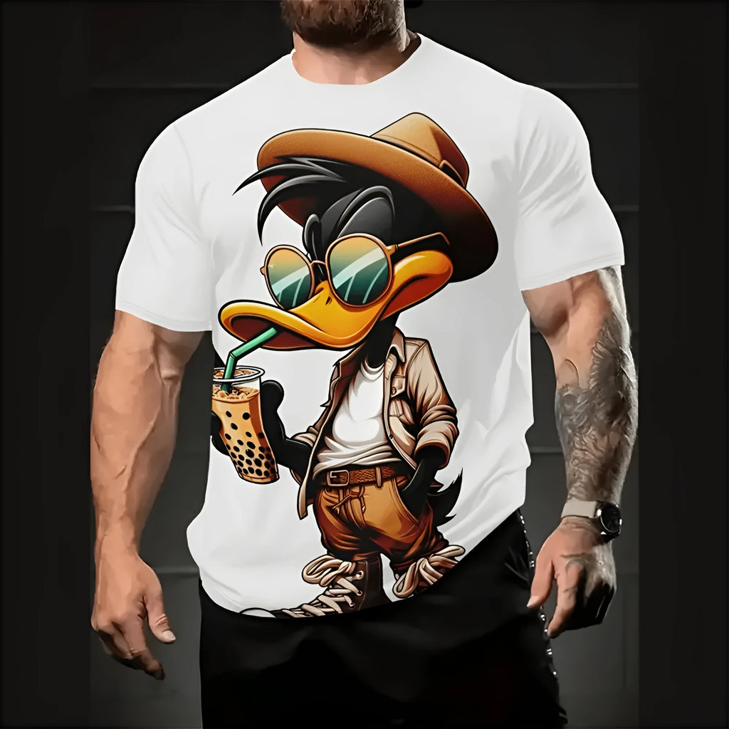 Man wearing a loose-fit grey t-shirt with a large colourful cartoon 3D print on the front.