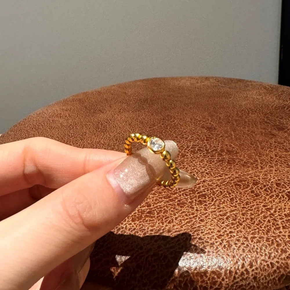 S925 sterling silver ring wave bead design gold colour geometric polka dot pattern women's ring