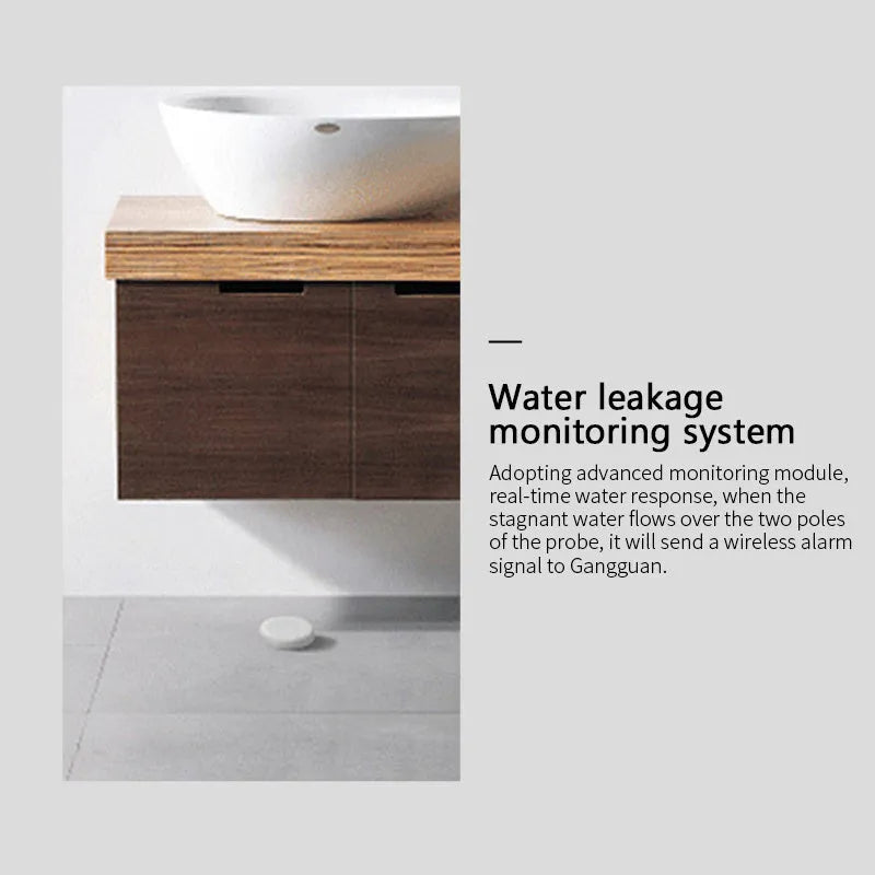 Compact white Zigbee wireless water flood sensor on a surface