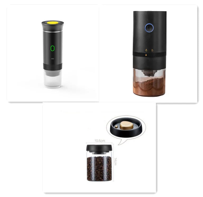 Portable 3-in-1 espresso maker with electric grinder and capsule compatibility in various colours