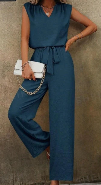 Women's notch neckline sleeveless top and belted pants set in 100% polyester