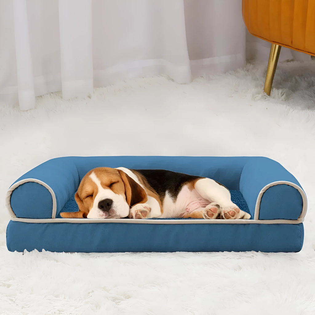 Square blue sponge dog bed insert for crates, showing breathable cloth material and dimensions.
