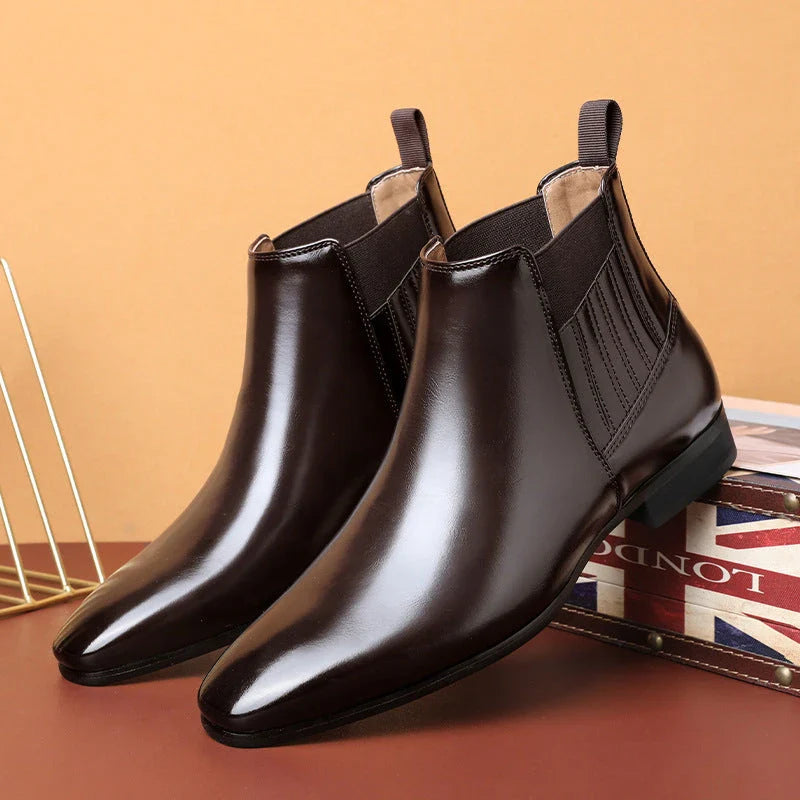 Sophisticated pointed-toe Chelsea boots with square heels, crafted from premium artificial leather for modern gentlemen's fashion