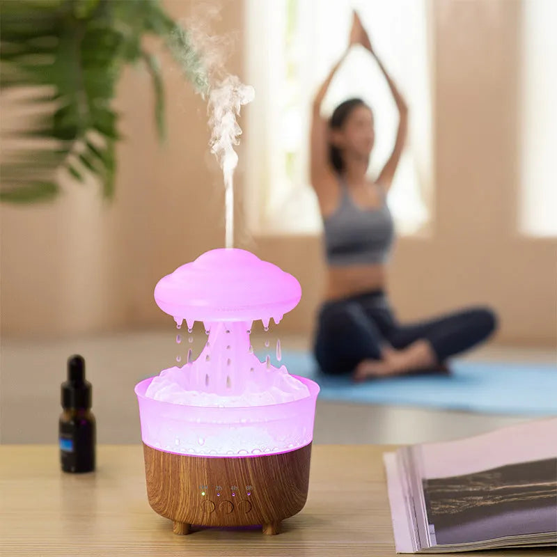 Wood grain cloud humidifier with LED lights and water drop rain sounds