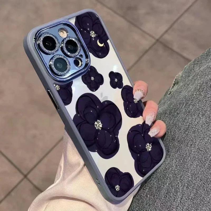 Dark purple camellia flower design shockproof phone case for Apple iPhone with rhinestone lens protector