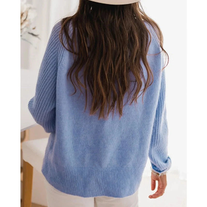 Milk blue Bedford cord sweater with round collar and long sleeves, perfect for casual wear.