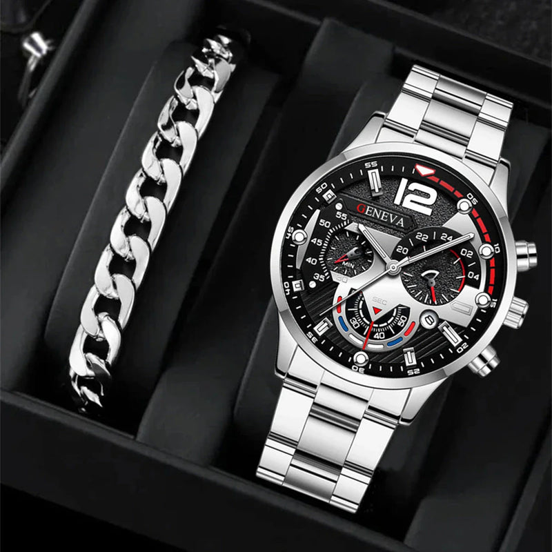 Stylish Men's Stainless Steel Quartz Watch with Bracelet Set - Perfect Valentine's Gift