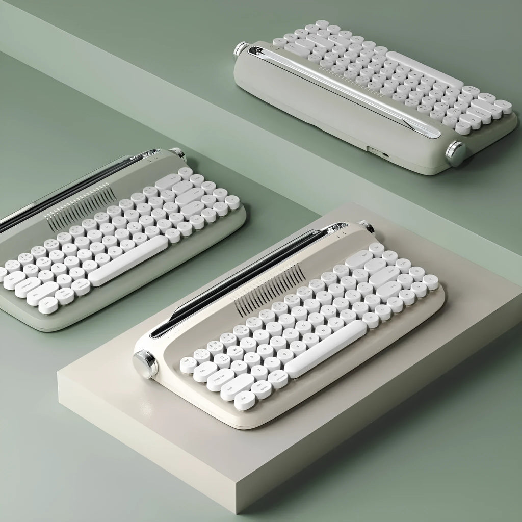 B307 rechargeable retro Bluetooth wireless keyboard in sand beige with white keys, ABS construction