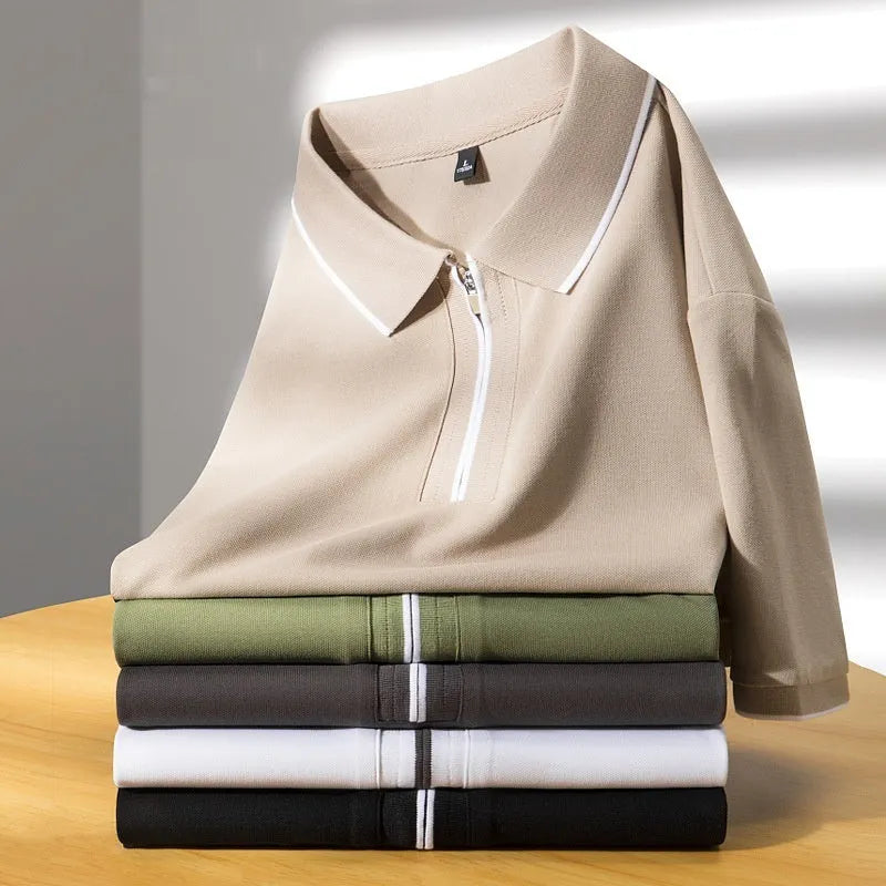 Men's lapel silk business casual top in slim fit with short sleeves and cotton blend fabric