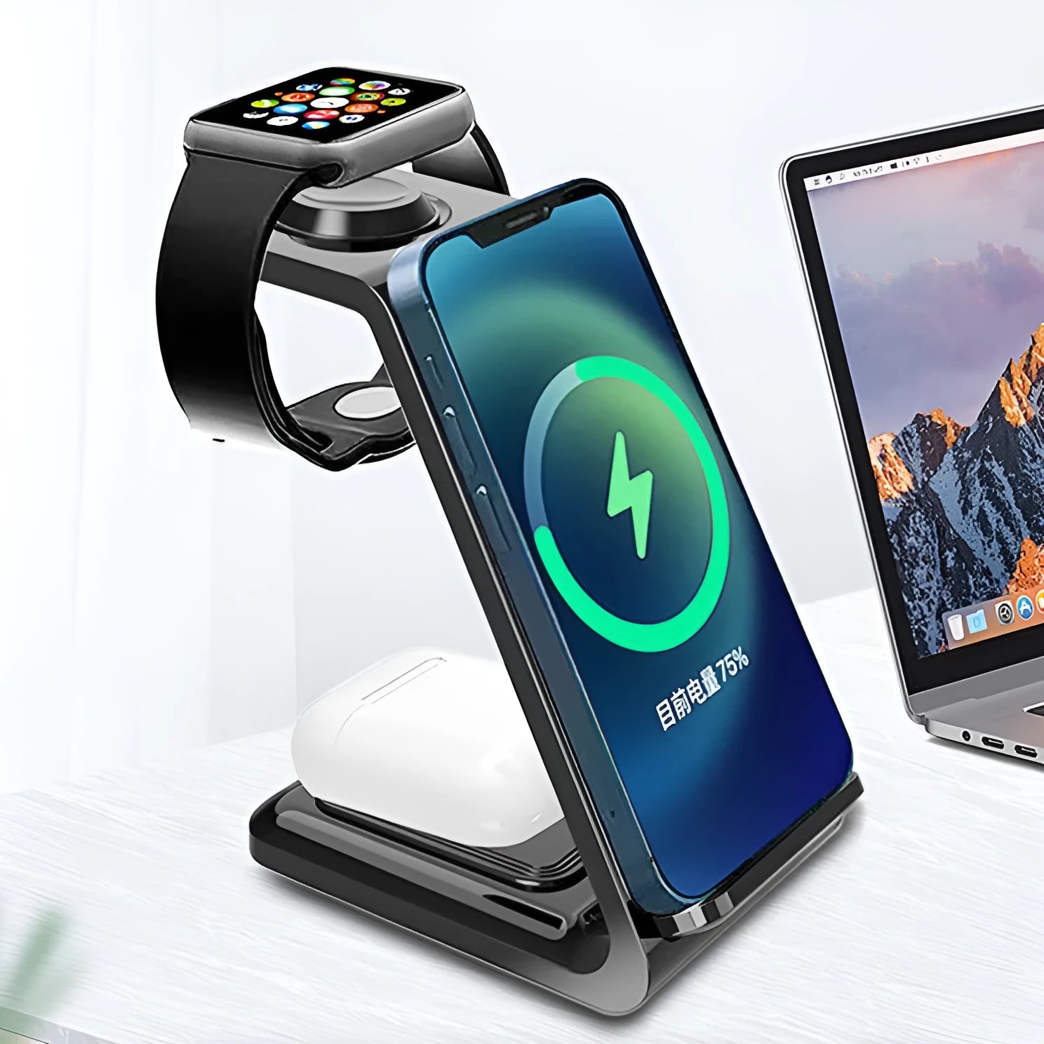 White 3-in-1 upright wireless charging stand holding a mobile phone at an angle