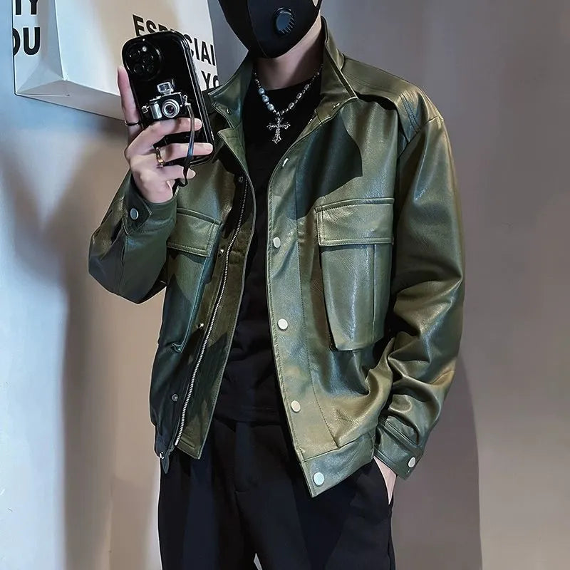 Men's black Korean-style PU leather jacket with straight hem and side pockets