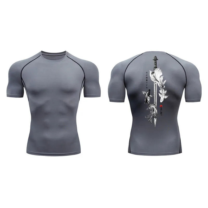 Men's short sleeve loose fit compression shirt with a sword print design on the front.