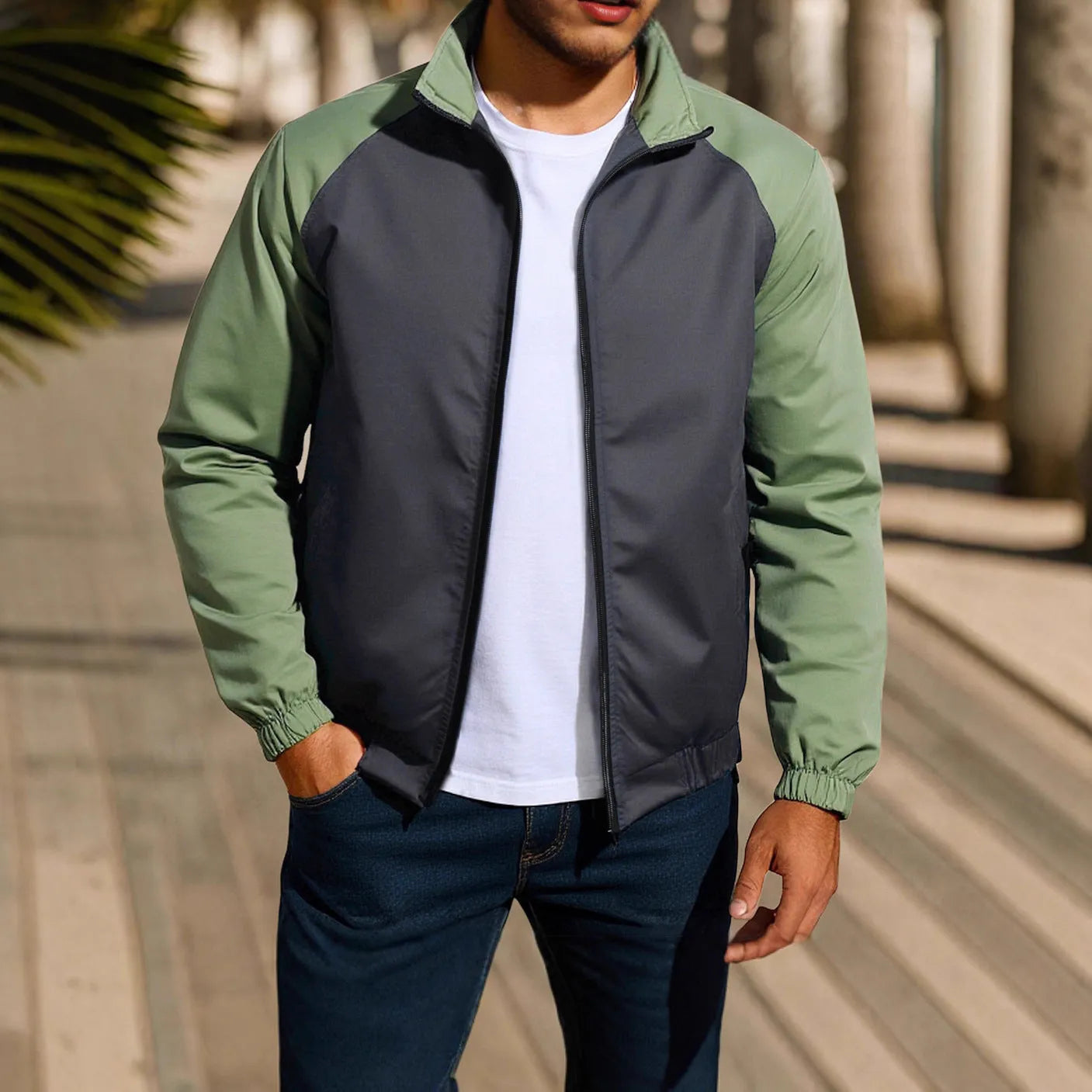 Men's green loose-fit casual jacket with stand collar and raglan sleeves