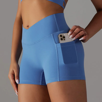 Women's yoga shorts with phone pocket in various colours, ideal for fitness and workouts