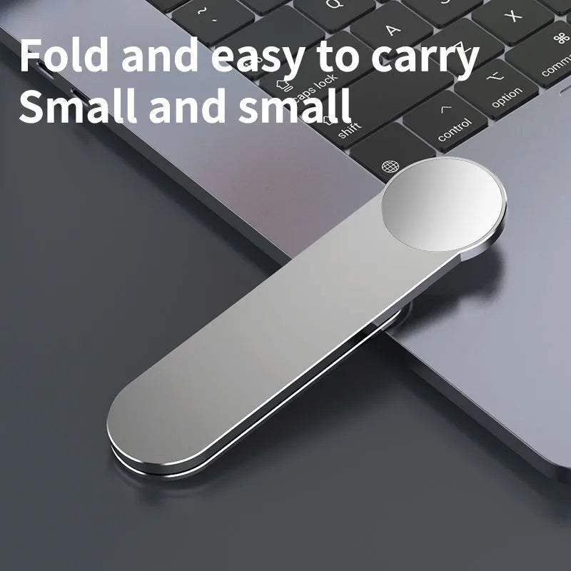 Silver aluminium alloy foldable magnetic dual screen extension bracket holding a mobile phone.